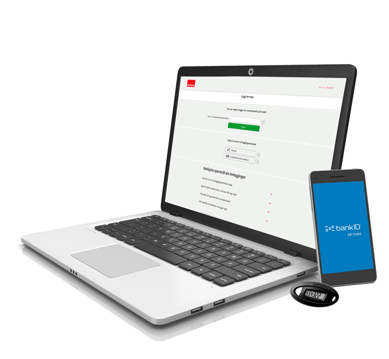 Datamaskin, mobil og kodebrikke til illustrasjon for BankID til ungdom