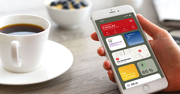 Person holder en iPhone som viser en BN Bank Widget