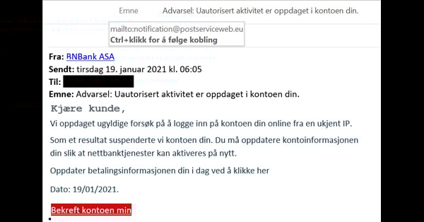 Bilde av hvordan e-post svindel ser ut